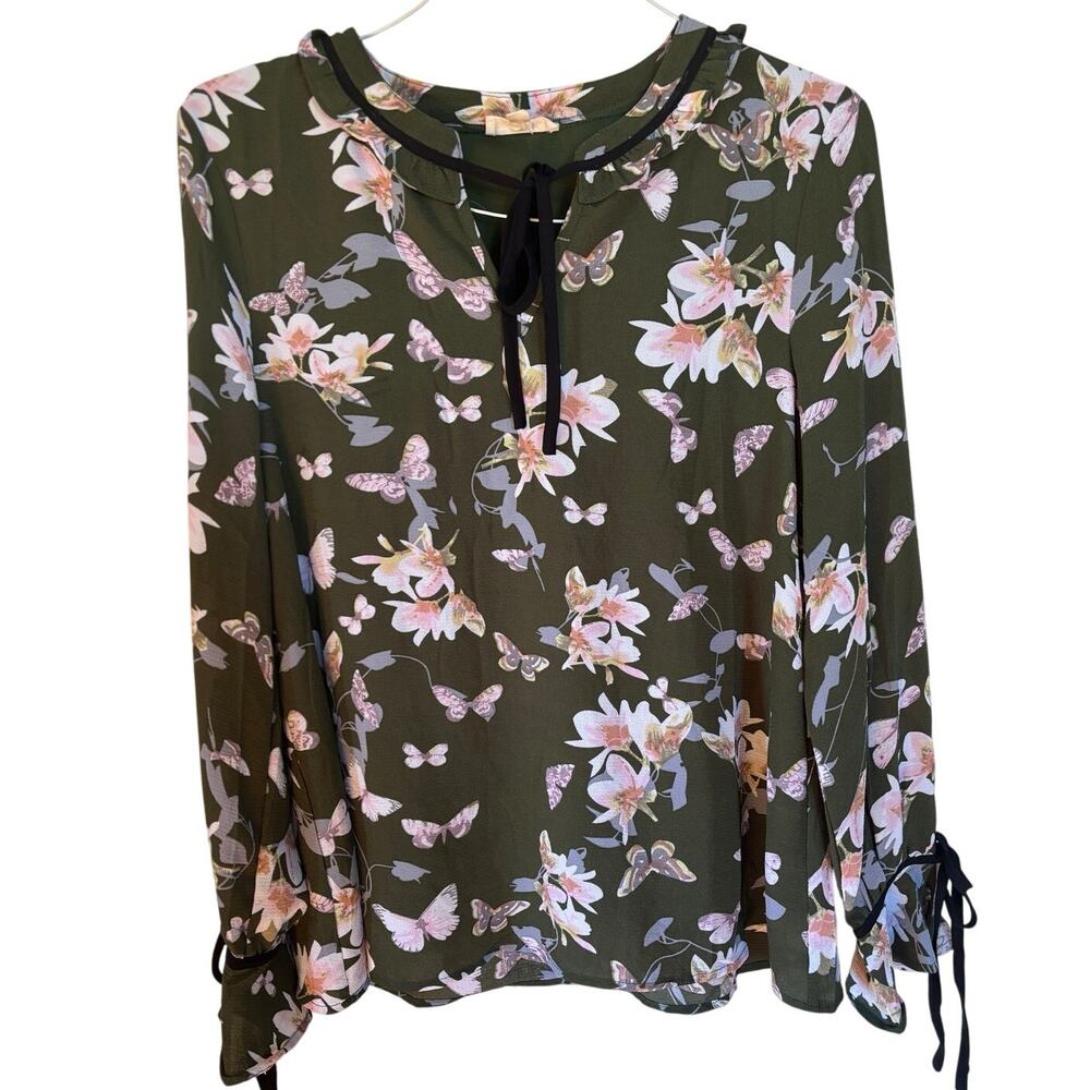 Entro Women’s Small ruffle long sleeve Boho Feminine floral top Bishop Sleeves